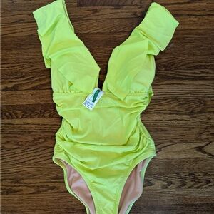 J. Crew Neon Lime Ruffle One-Piece Swimsuit with V-Neck